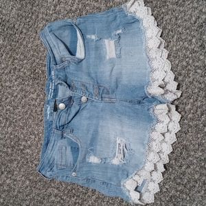 High-Rise Light Blue Denim Jean Shorts with Lace Trim